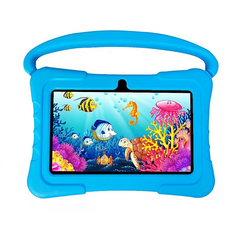Tablet 7 pulgadas con handle y case celeste, vista frontal